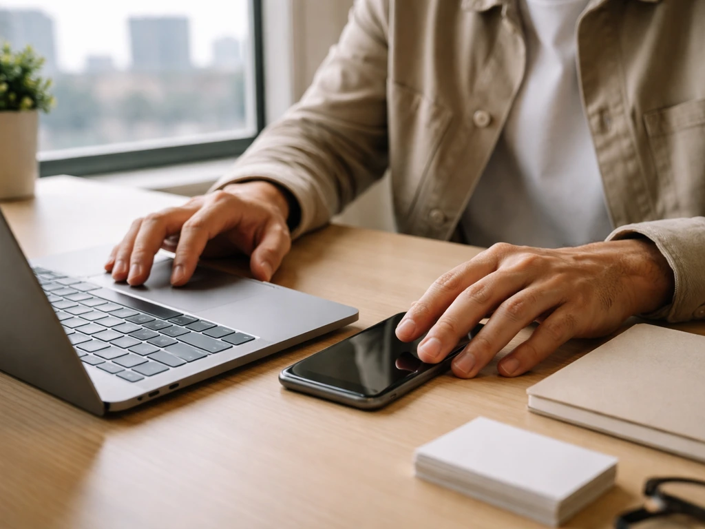 Anonymous hands at a desk with laptop and phone, symbolizing eCommerce/marketing business identity checking.