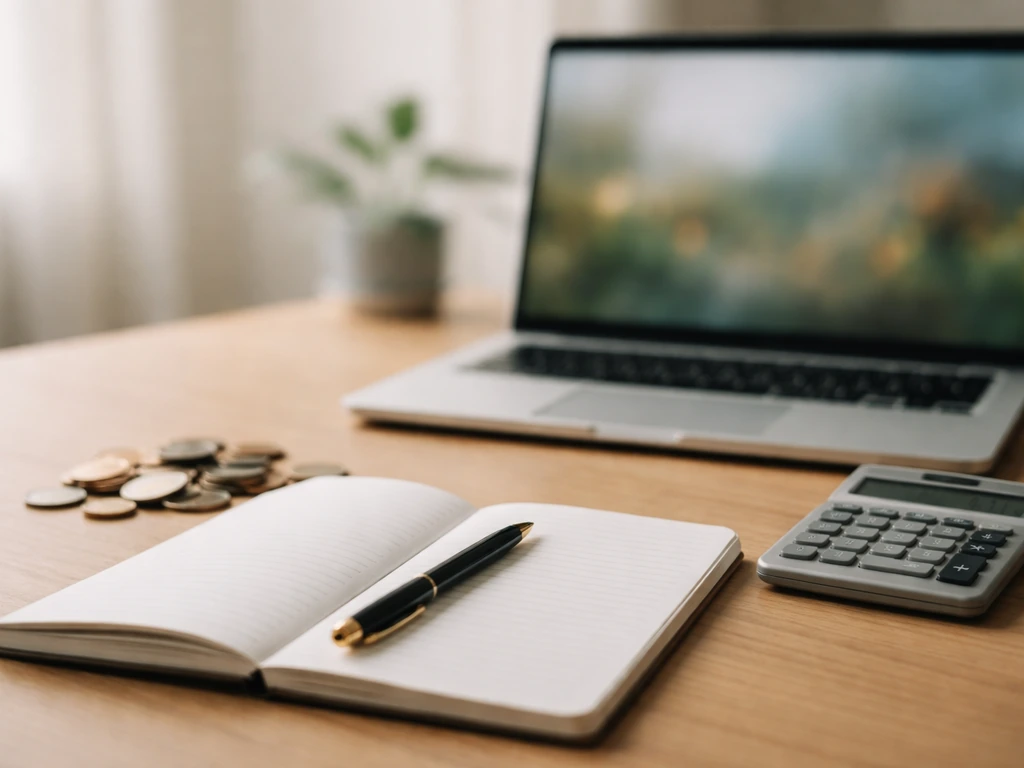 Close-up of a budgeting workspace with a notebook, coins, and a laptop showing abstract finance imagery.