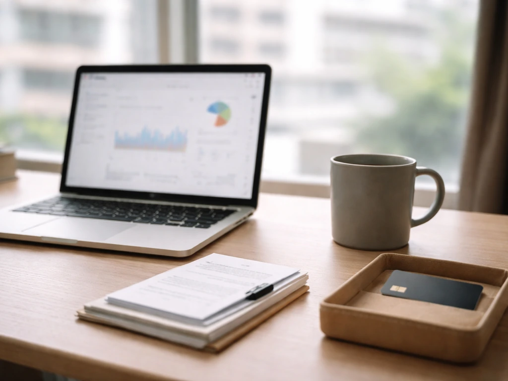 Minimal office desk scene with laptop, documents, and a payment card in natural daylight.